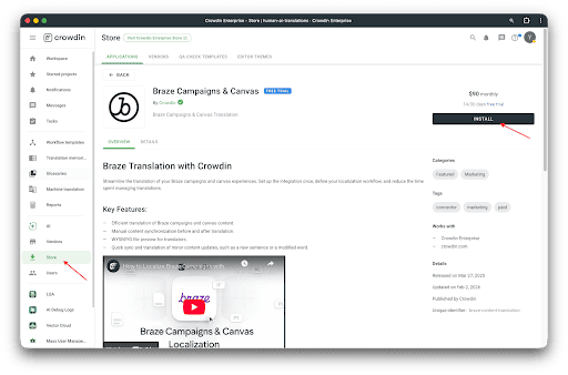 Crowdin Store avec Braze Campaigns & Canvas sélectionné et le bouton Installer mis en évidence.