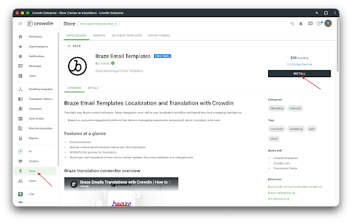 Crowdin Store avec Braze Email Templates sélectionné et le bouton Installer mis en évidence.