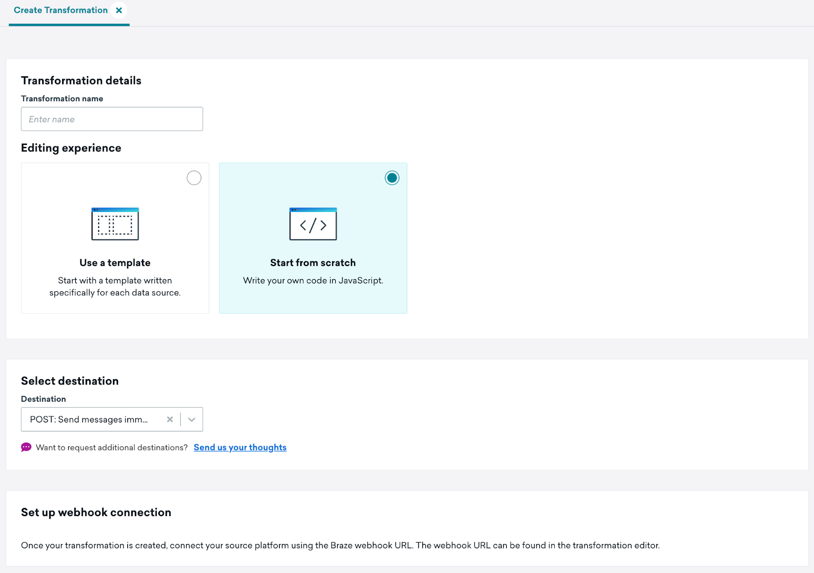 Transformation details with the option to choose "Use a template" or "Start from scratch" for your editing experience.