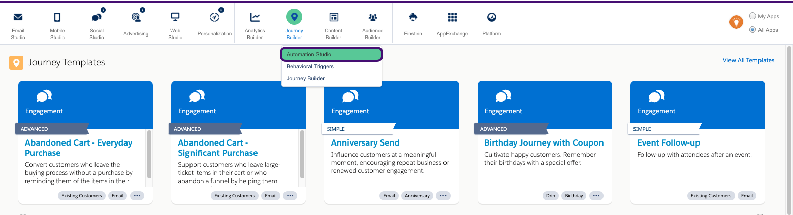 Option Automation Studio dans la navigation de Journey Builder.
