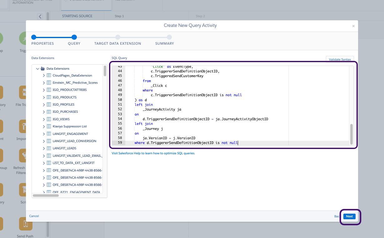 Un exemple de requête dans la section Requête SQL.
