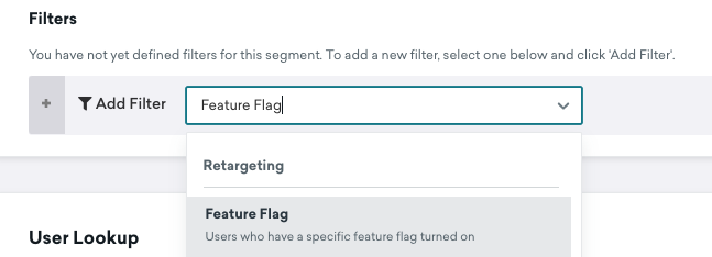 La section "Filtres" avec "Drapeau de fonctionnalité" tapé dans la barre de recherche des filtres.