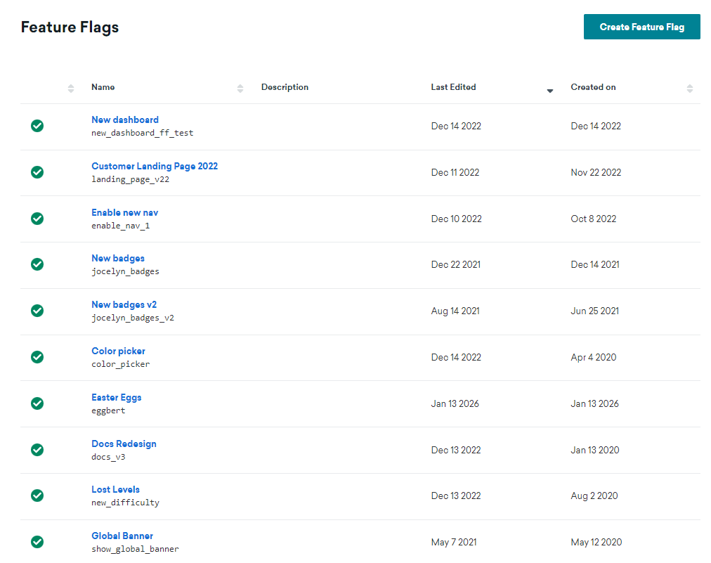 Une liste des drapeaux de fonctionnalité créés précédemment sur le tableau de bord de Braze