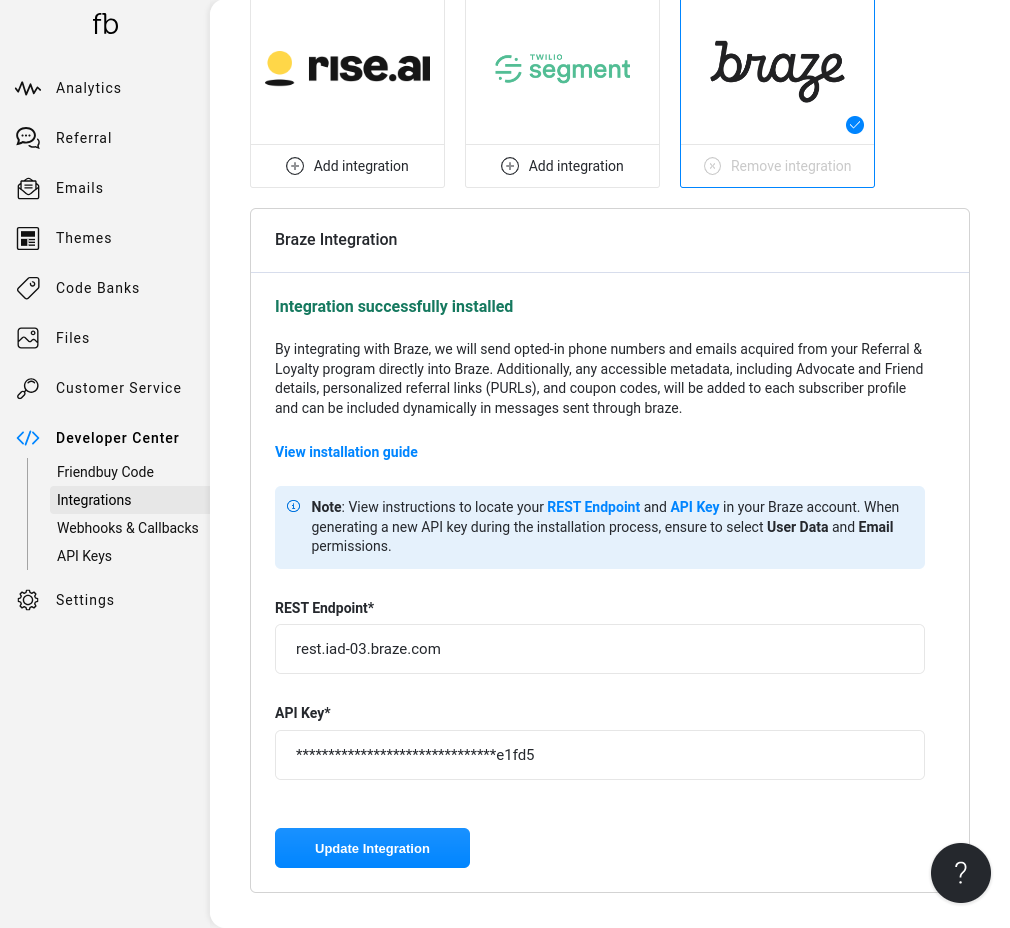 La carte d'intégration de Braze dans Friendbuy.