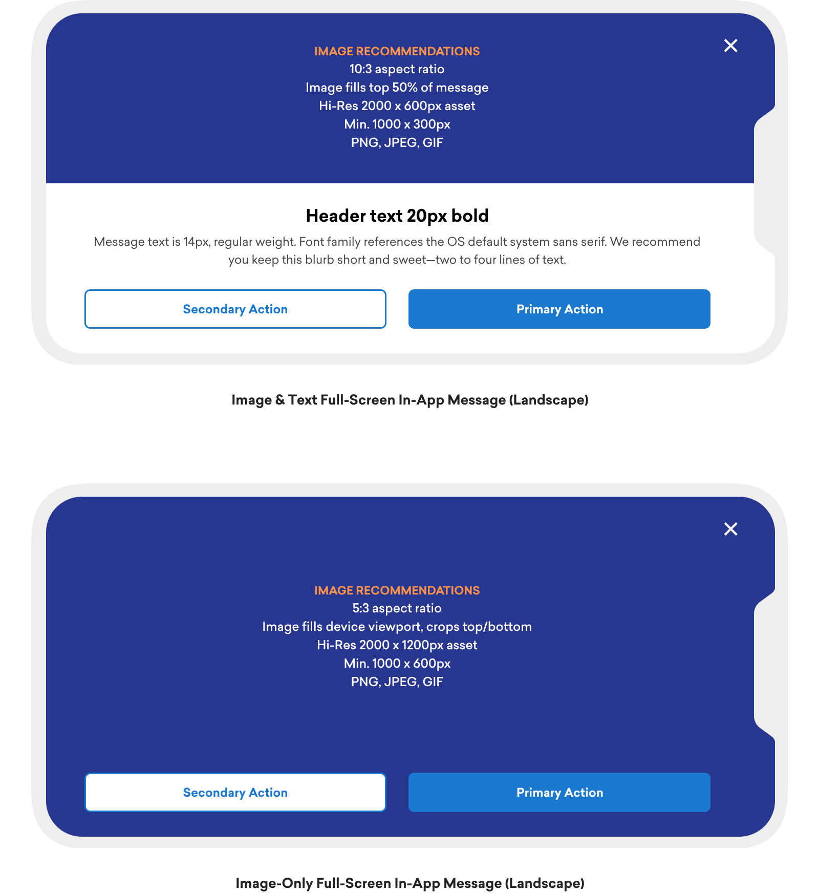 Deux messages in-app plein écran, côte à côte en orientation paysage, indiquant les recommandations en matière d’image et de texte. Voir les sections suivantes pour plus de détails.