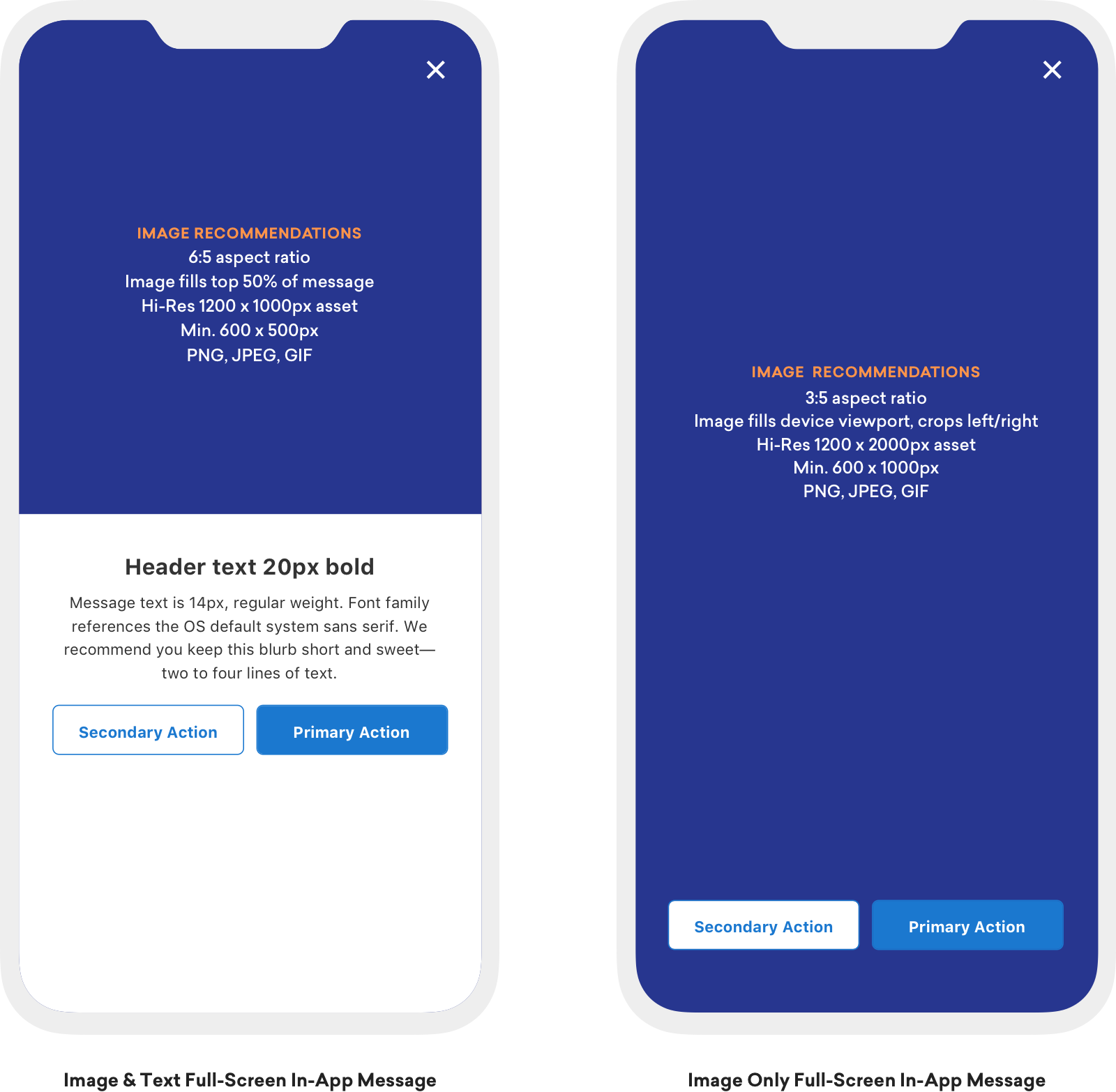 Deux messages in-app plein écran, côte à côte en orientation portrait, indiquant les recommandations en matière d’image et de texte. Voir les sections suivantes pour plus de détails.