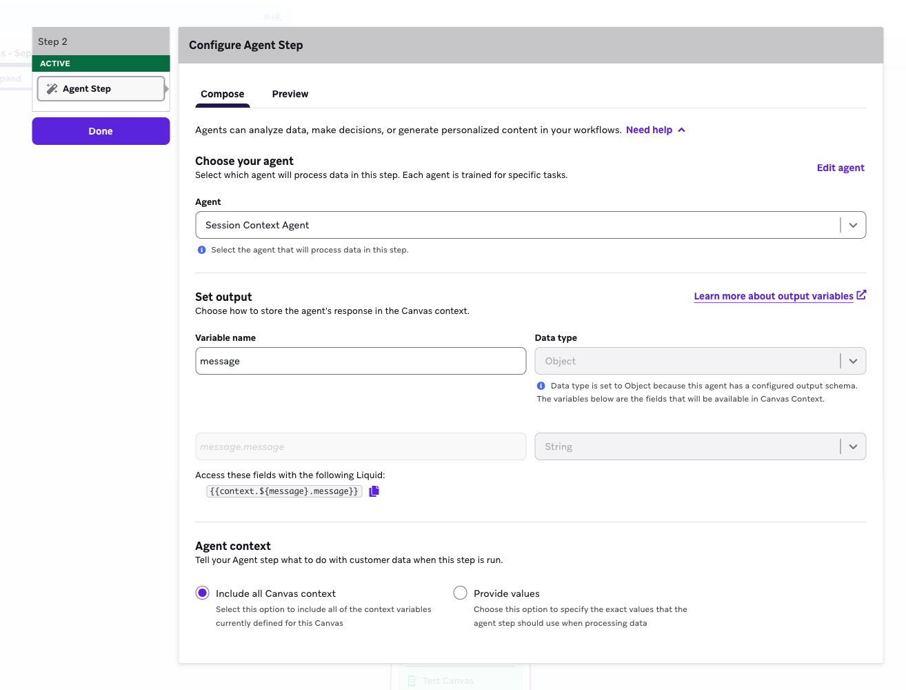 Capture d'écran de l'étape du canvas contextuel de l'agent Braze avec l'invite