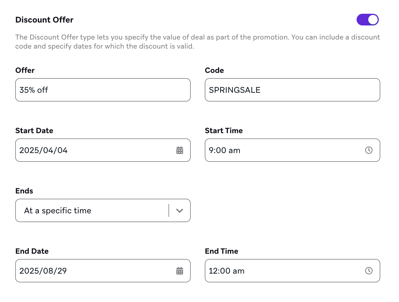 Options pour spécifier la valeur de l'offre, le code, ainsi que la date et l'heure de début d'une offre de réduction.