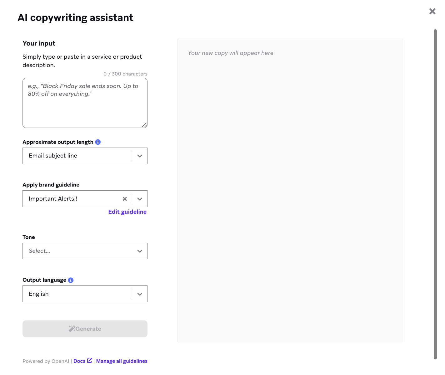 " Assistant de rédaction d'intelligence artificielle avec " Alertes importantes ! !! " sélectionné comme ligne directrice de la marque.