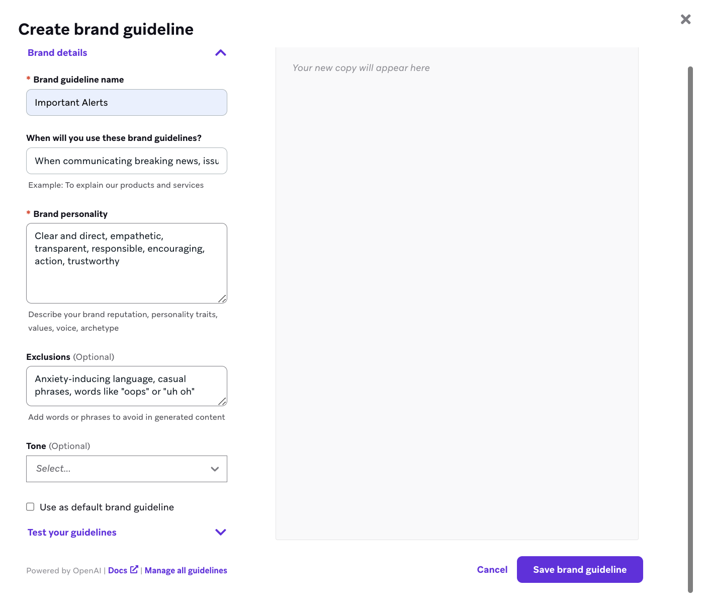 La fenêtre "Créer une ligne directrice de marque" avec des champs pour saisir le nom, la description, la personnalité, les exclusions et le ton.