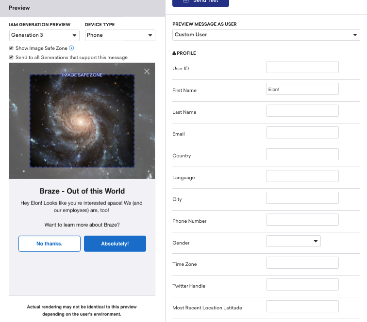 Onglet Test lors de la création d’un message in-app. L’option « Preview message as user » (Aperçu de message en tant qu’utilisateur) est définie à « Custom User » (Utilisateur personnalisé) avec les champs de profil disponibles apparaissant comme options configurables.