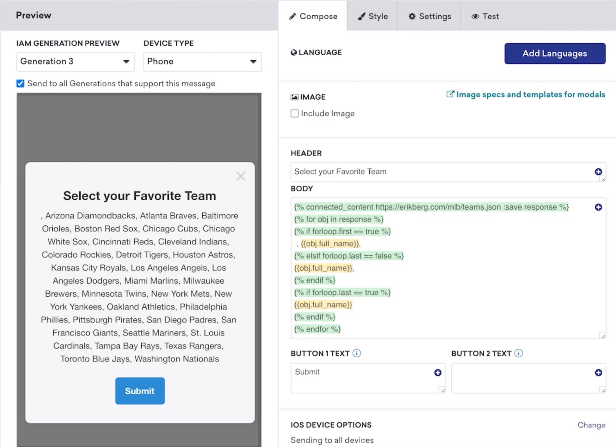 Le composeur de messages in-app montre un aperçu de ce à quoi le message in-app ressemblera, mais à la place affiche la liste des articles que vous avez fournis à Braze. Comme l’interface utilisateur Braze n’affiche pas votre interface utilisateur de message in-app personnalisé à moins qu’il ne soit envoyé à un téléphone, l’aperçu n’indique pas à quoi ressemblera votre message, nous vous recommandons donc d’effectuer un test avant de l’envoyer.