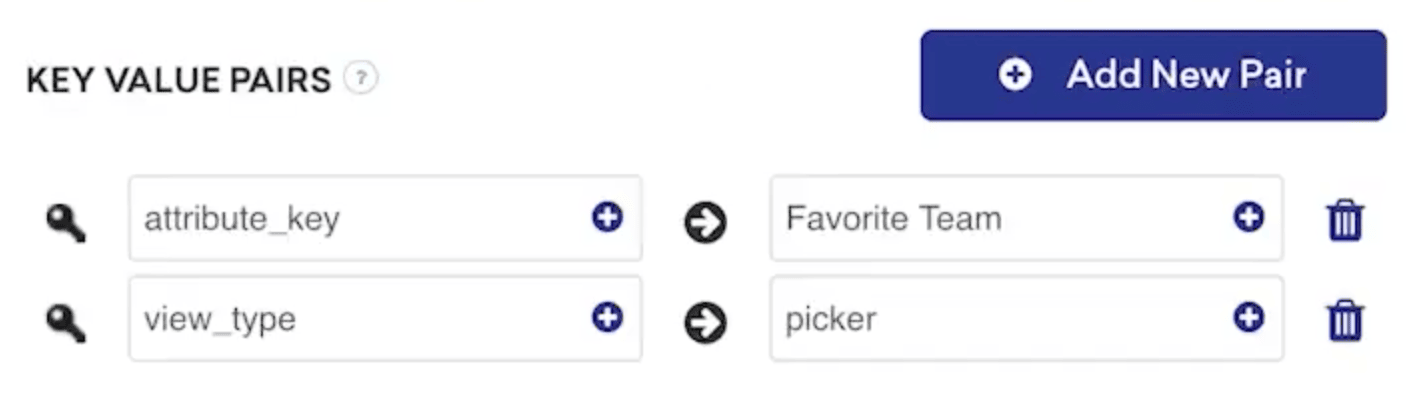Deux paires clé-valeur présentes dans le compositeur de messages. La première paire clé-valeur a pour valeur "attribute_key" "Favorite Teams", et la seconde a pour valeur "view_type" "picker".