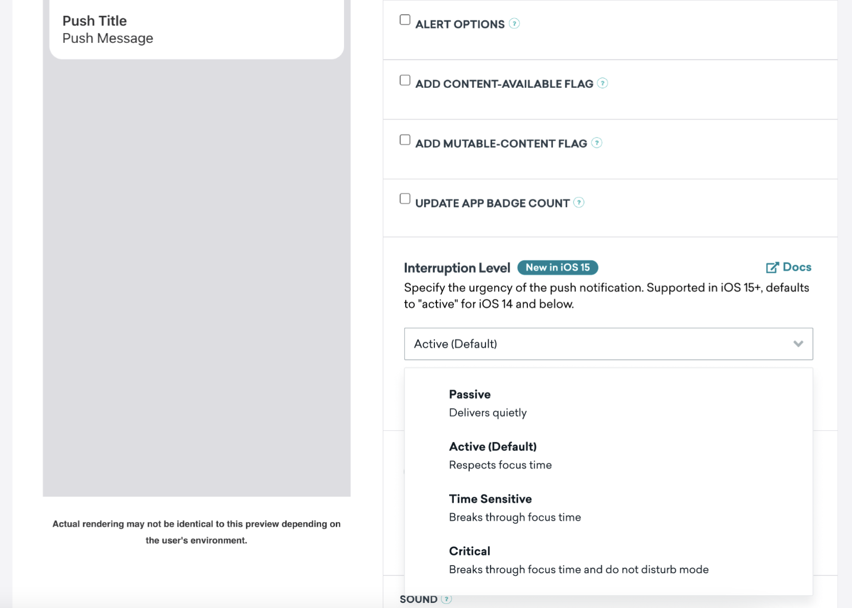 Niveau d’interruption défini sur Active (Actif, par défaut) et développé pour afficher tous les niveaux d’interruption disponibles : Passive (Passif), Active (Actif, par défaut), Time Sensitive (Temporel) et Critical (Critique).