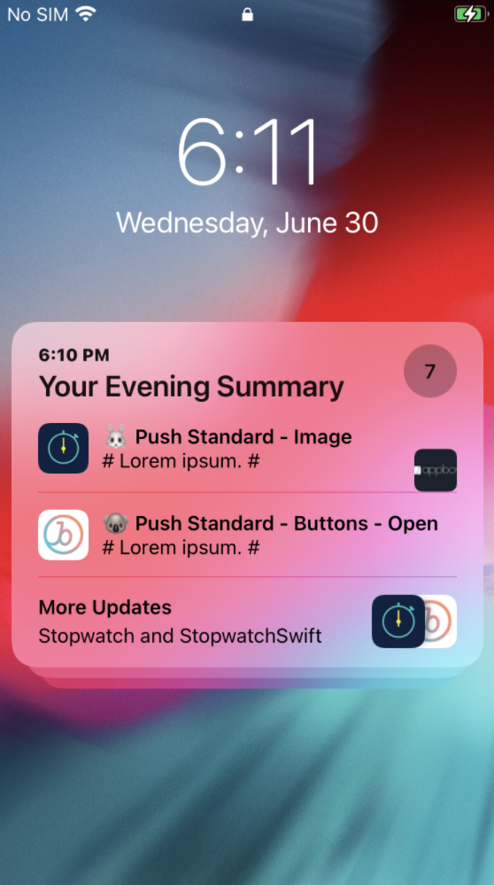 Un résumé des notifications pour iOS intitulé "Votre résumé du soir" avec trois notifications.