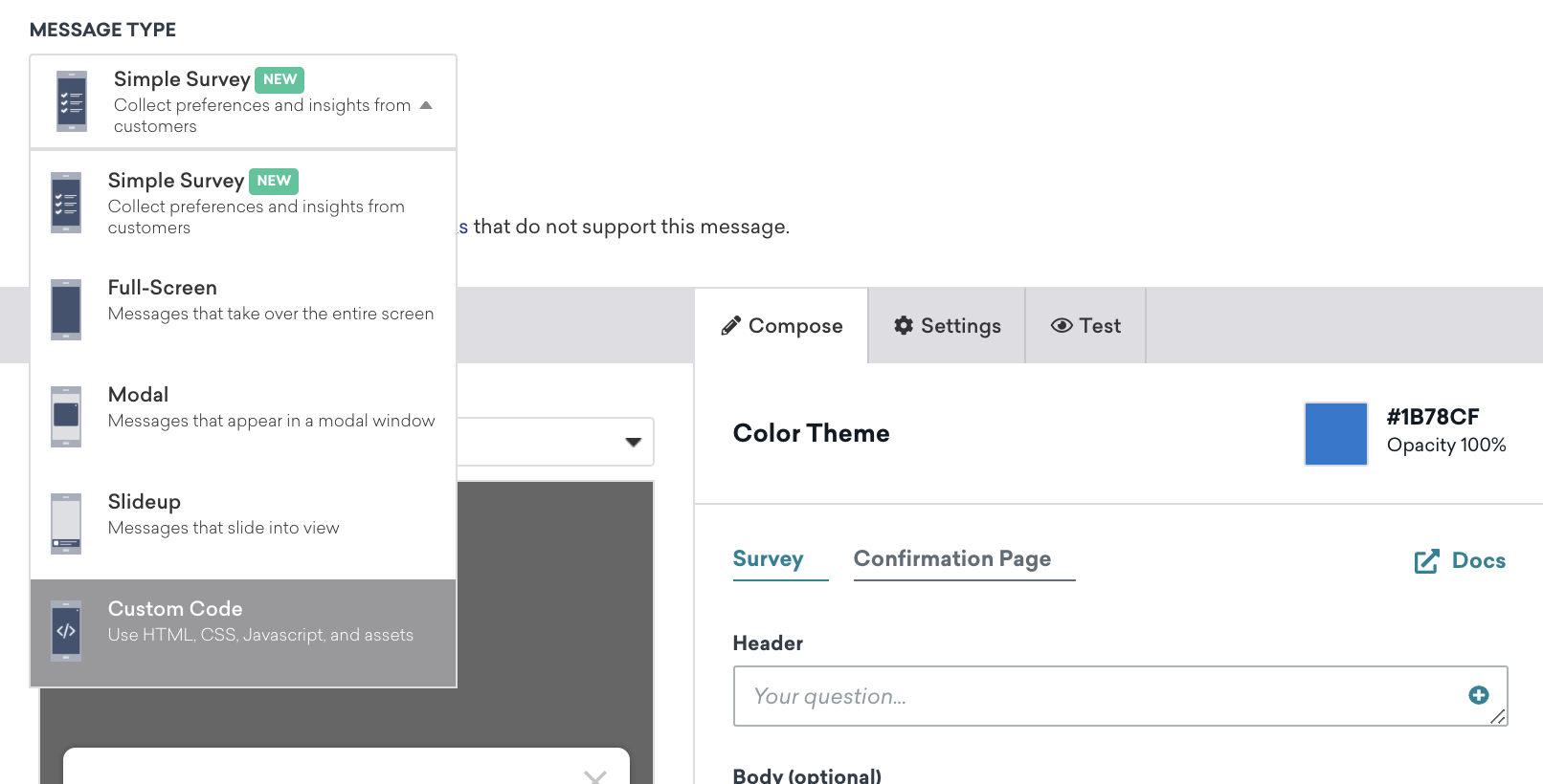 Une image de ce à quoi ressemble le tableau de bord lors de la sélection du type de message "Code personnalisé".