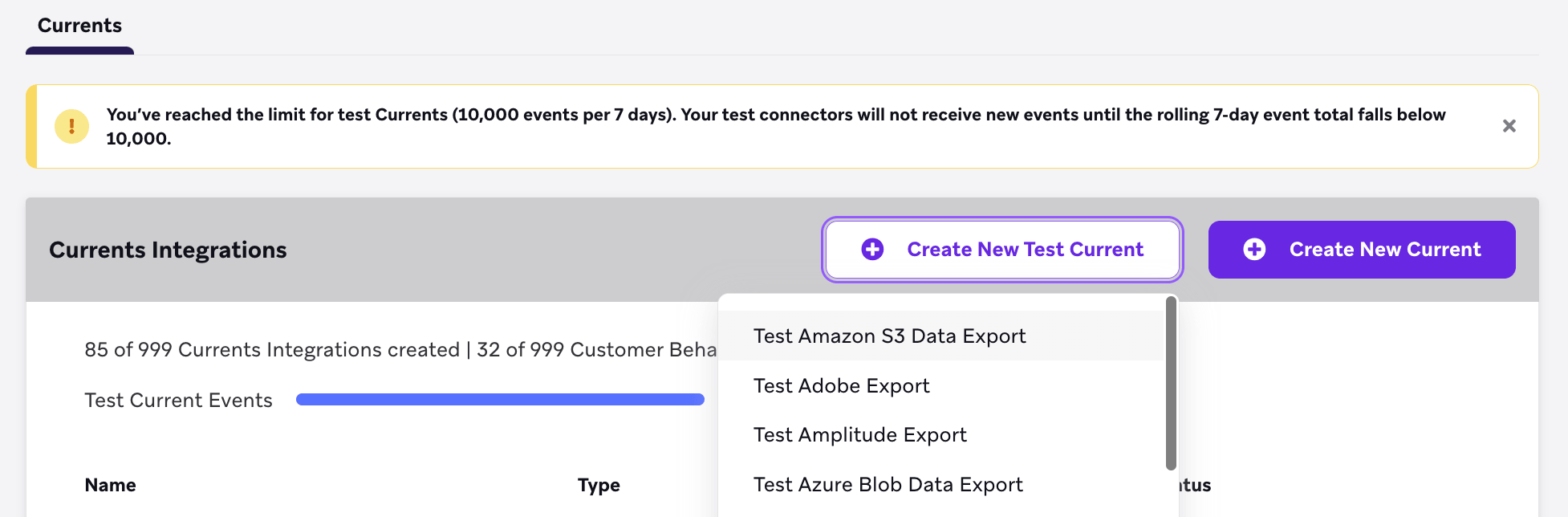 Le menu déroulant "Create New Test Current" avec l'option "Test Amazon S3 Data Export".