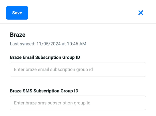 L'application Braze s'est ouverte dans un flux de travail Justuno avec la possibilité d'ajouter des groupes d'abonnement ID e-mail et SMS.