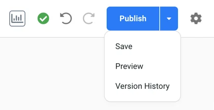Le menu "Publier" s'est ouvert avec des options permettant d'enregistrer, de prévisualiser ou d'afficher l'historique des versions.