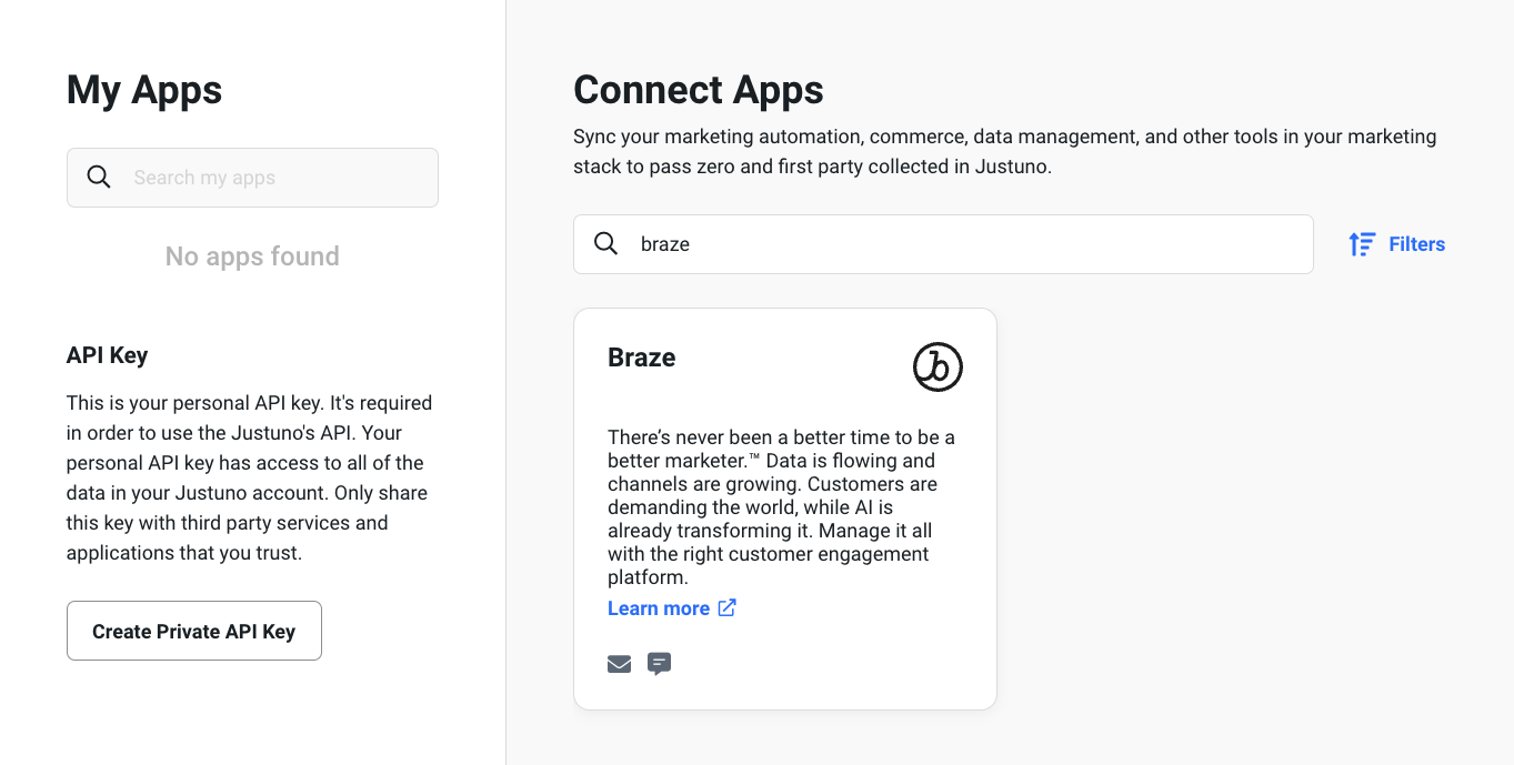 La page "Connect Apps" de Justuno avec l'application Braze dans la liste des résultats de recherche.