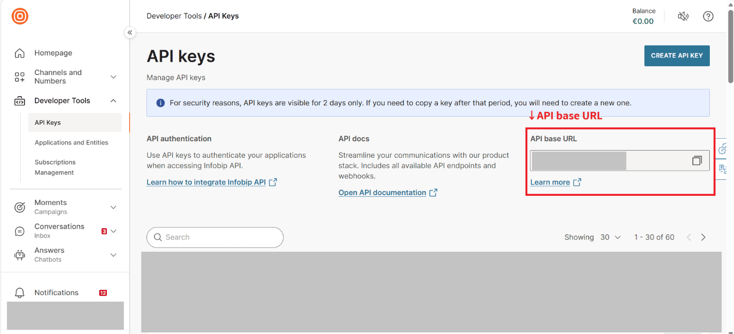 Page API Keys d'Infobip affichant l'URL de base de l'API.