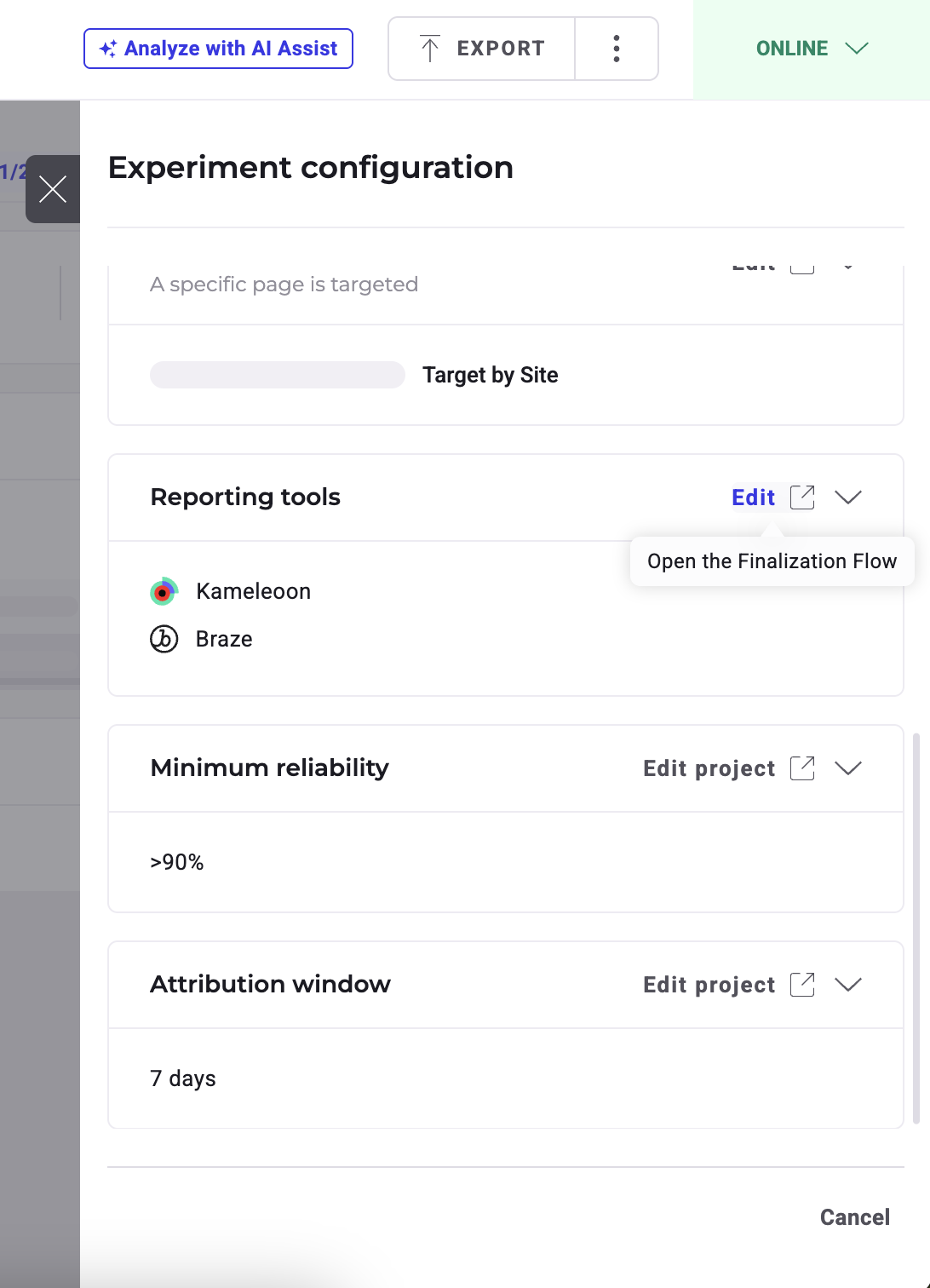 Le panneau latéral de la page de résultats dans Kameleoon.