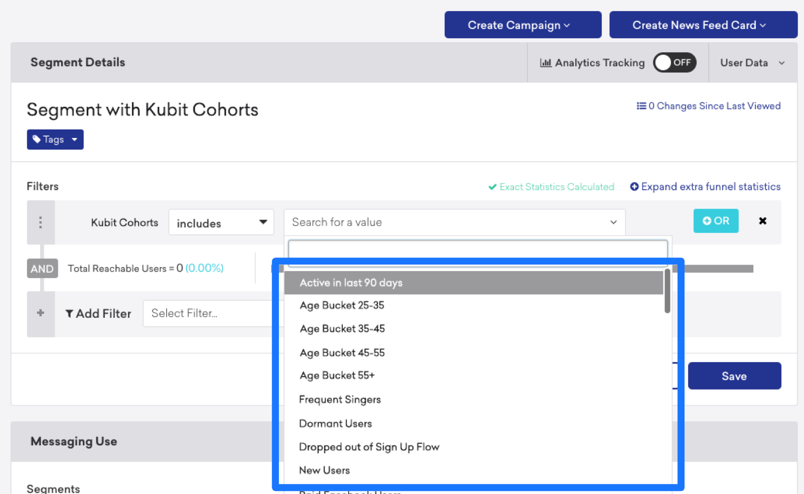 Dans le générateur de segments de Braze, l'attribut utilisateur "Cohortes Kubit" est défini sur "includes_value" et affiche une liste des cohortes disponibles.