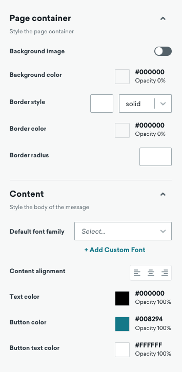 Le conteneur de page avec des options permettant de personnaliser les images d'arrière-plan, les couleurs, les détails des bordures et le style personnalisé du contenu.