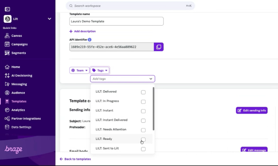 Configurez les étiquettes LILT dans Braze.