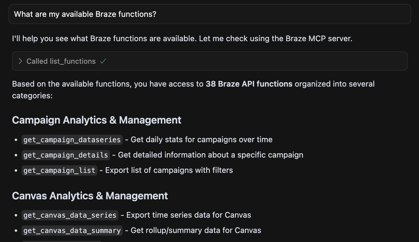 'What are my available Braze functions' being asked and answered in Cursor.