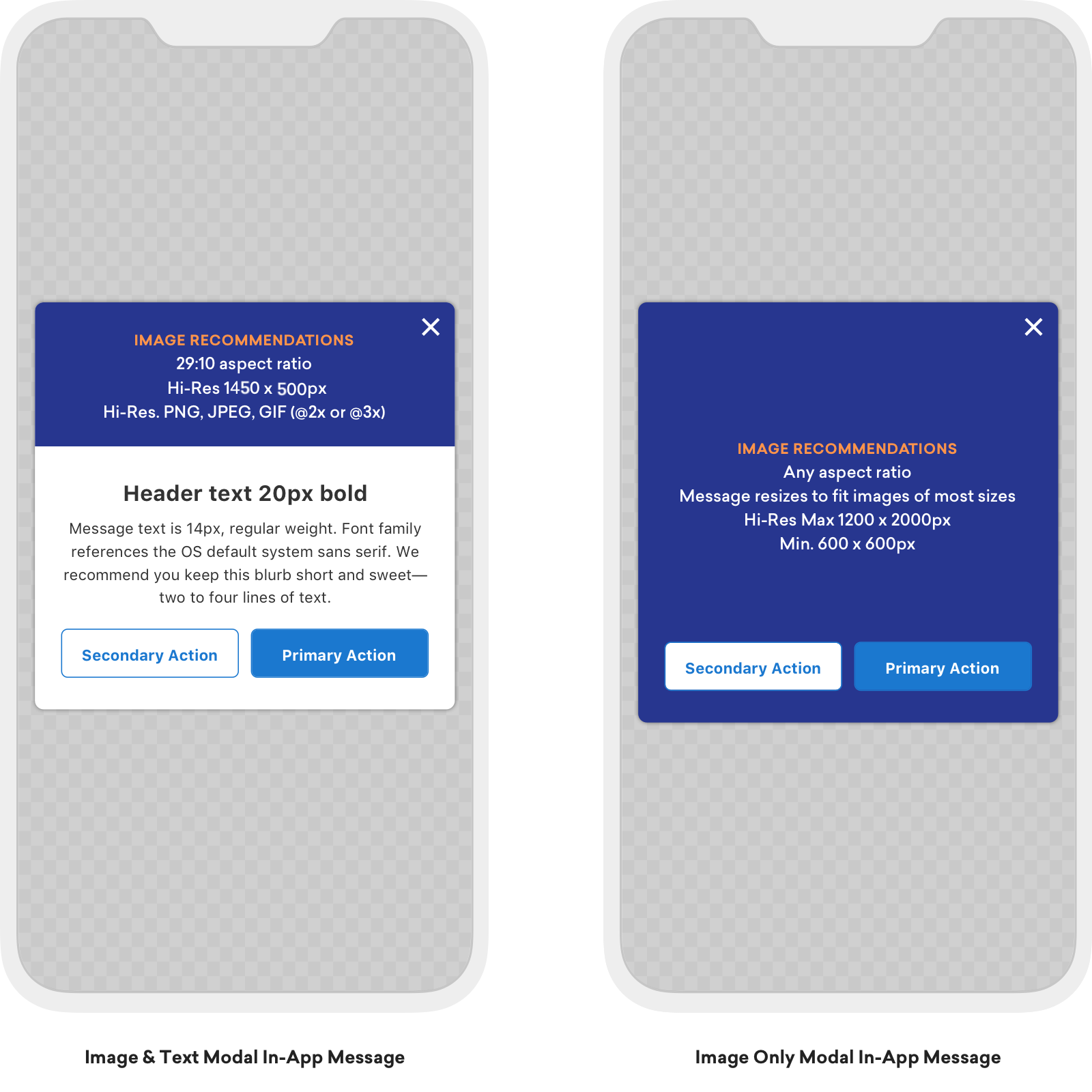 Deux messages in-app modaux, côte à côte, indiquant les recommandations en matière d’image et de texte. Voir les sections suivantes pour plus de détails.