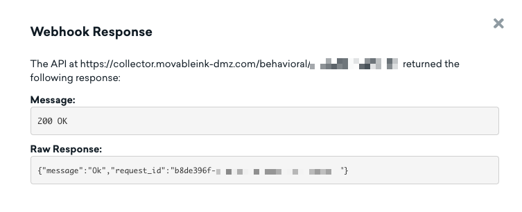 Message de réponse du webhook dans Braze montrant une réponse 200 OK.