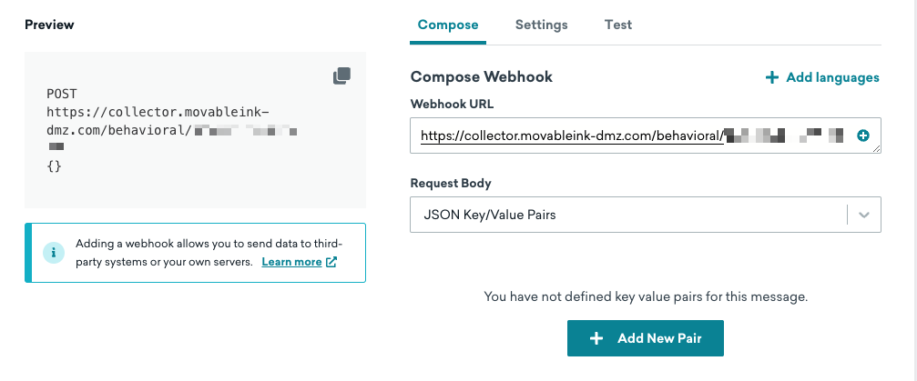 Onglet Composer du générateur de webhooks dans Braze avec l'URL de l'endpoint Movable Ink et le corps de la requête définis sur des paires clé/valeur JSON.