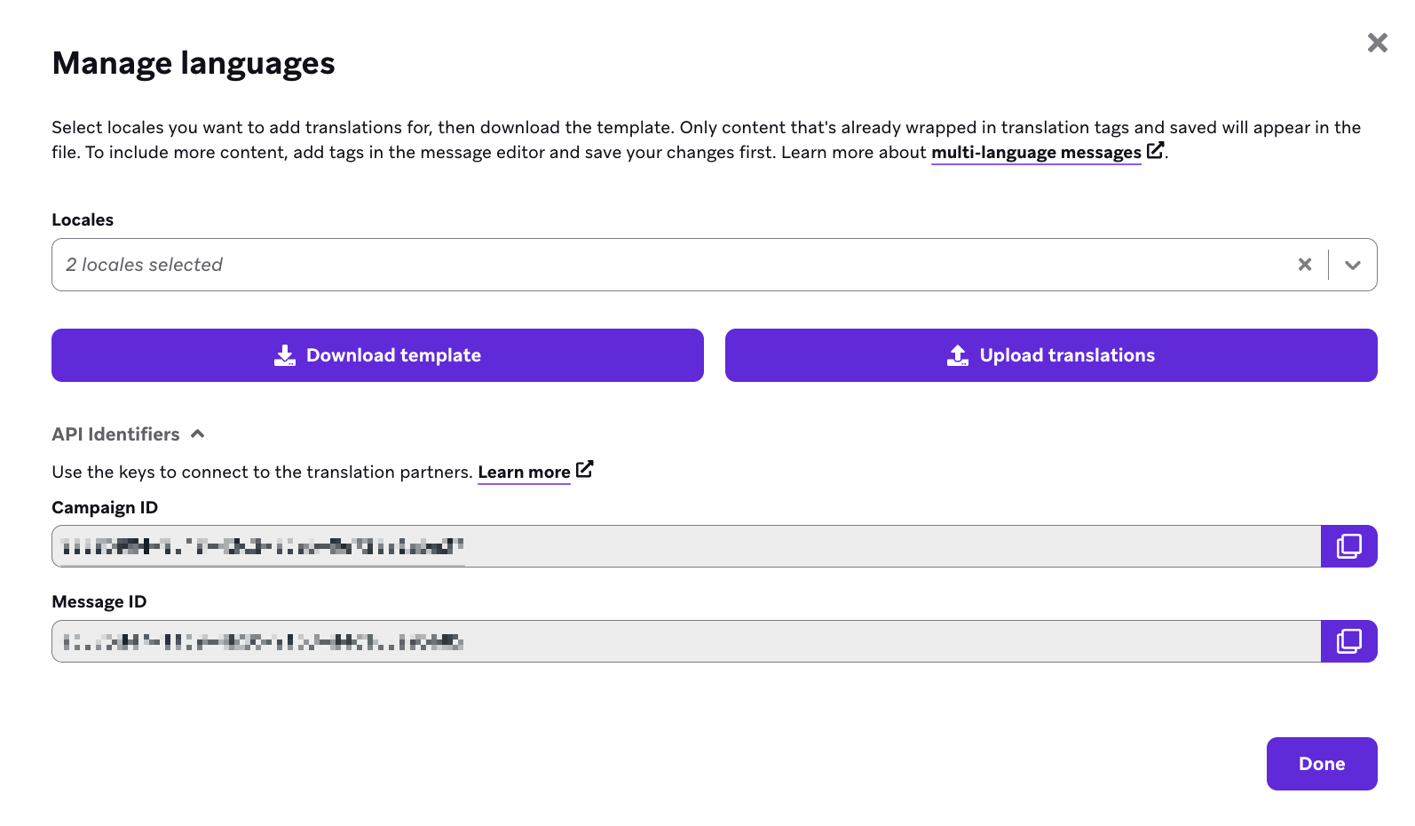 Paramètres multilingues avec un champ déroulant pour sélectionner les langues.