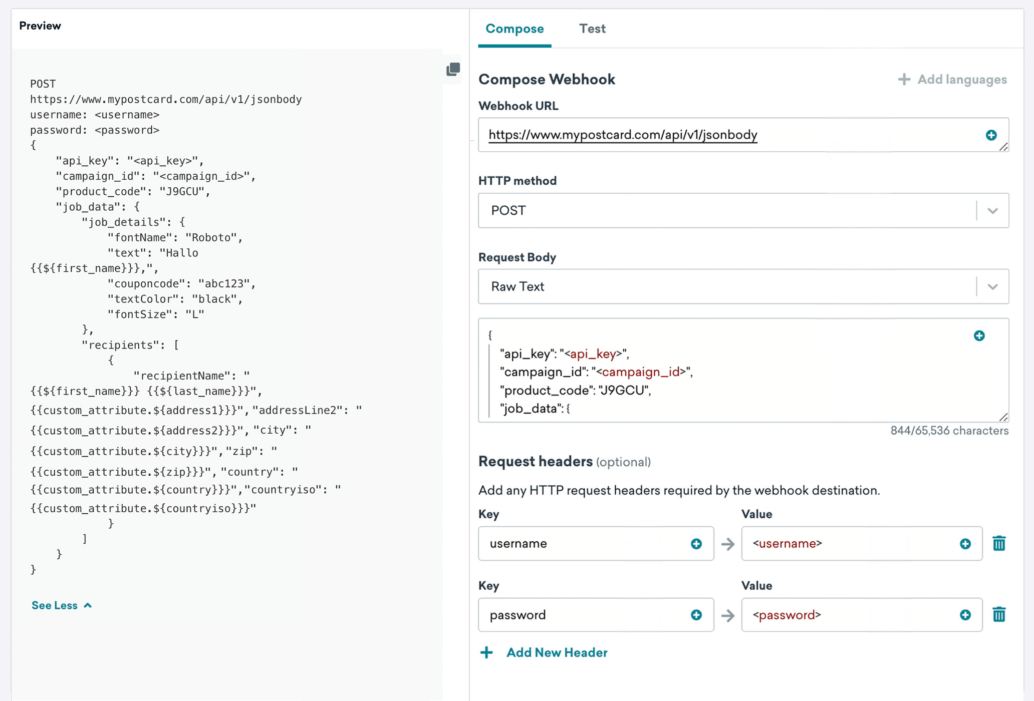 Onglet Compose affichant le corps JSON et les informations relatives au webhook.