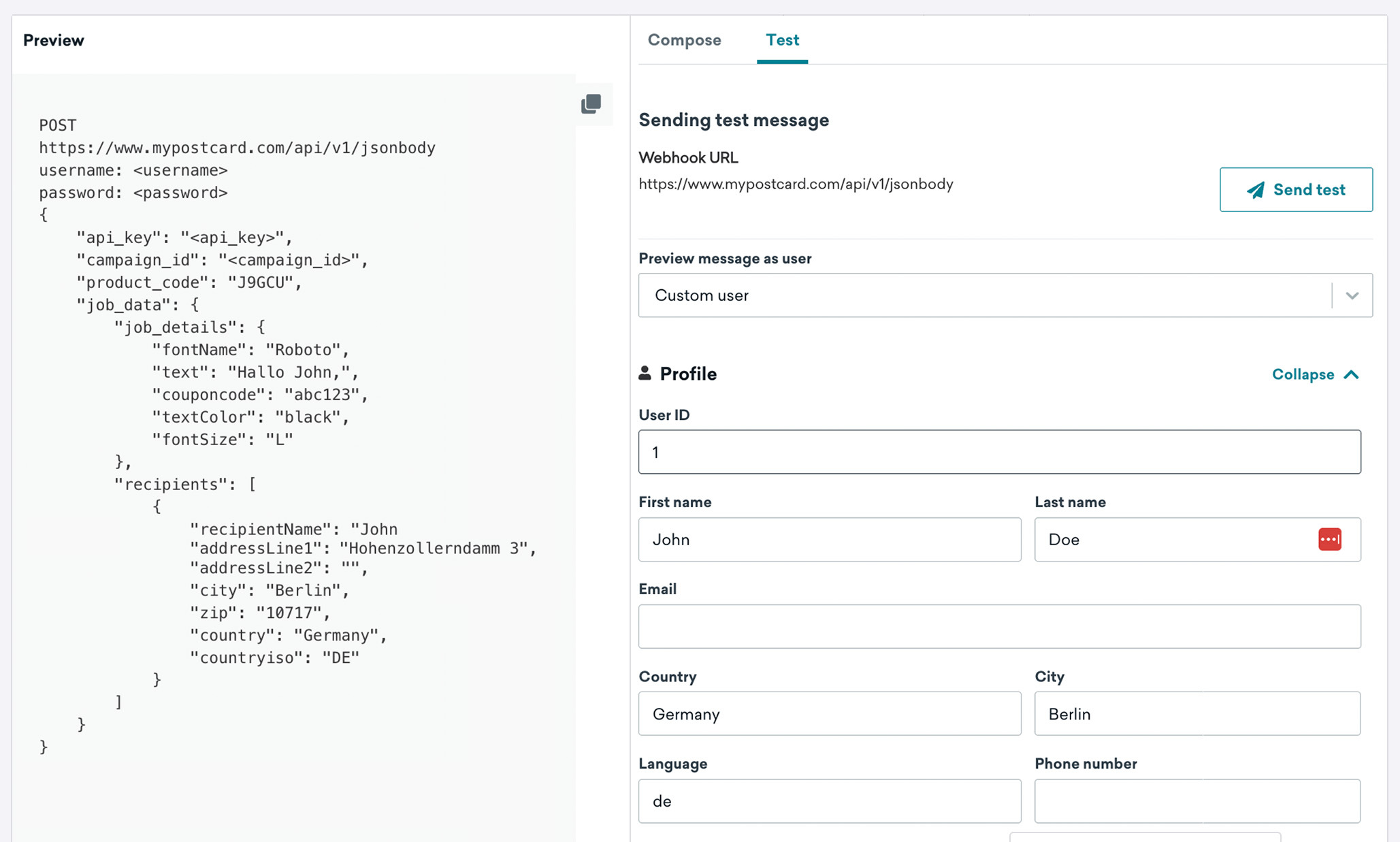 Testez l'onglet webhook avec différents champs pour valider la mise en œuvre.