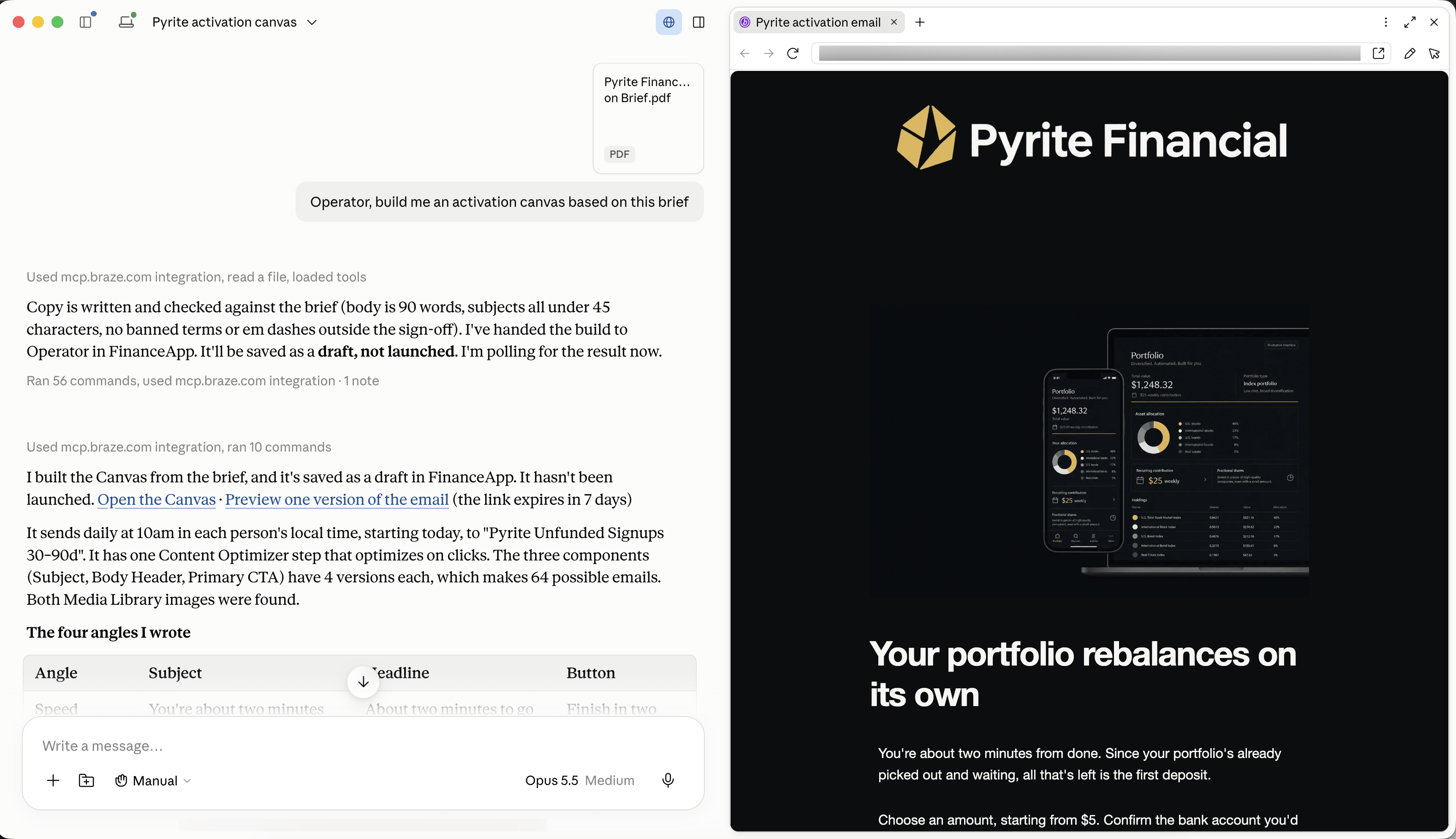 Une session de chat IA dans laquelle Operator Connect trouve l'espace de travail FinanceApp et le Segment Pyrite Unfunded Sign-ups 30 to 90 day, puis crée un Canvas. Un aperçu d'une version e-mail du Canvas est affiché sur le côté.