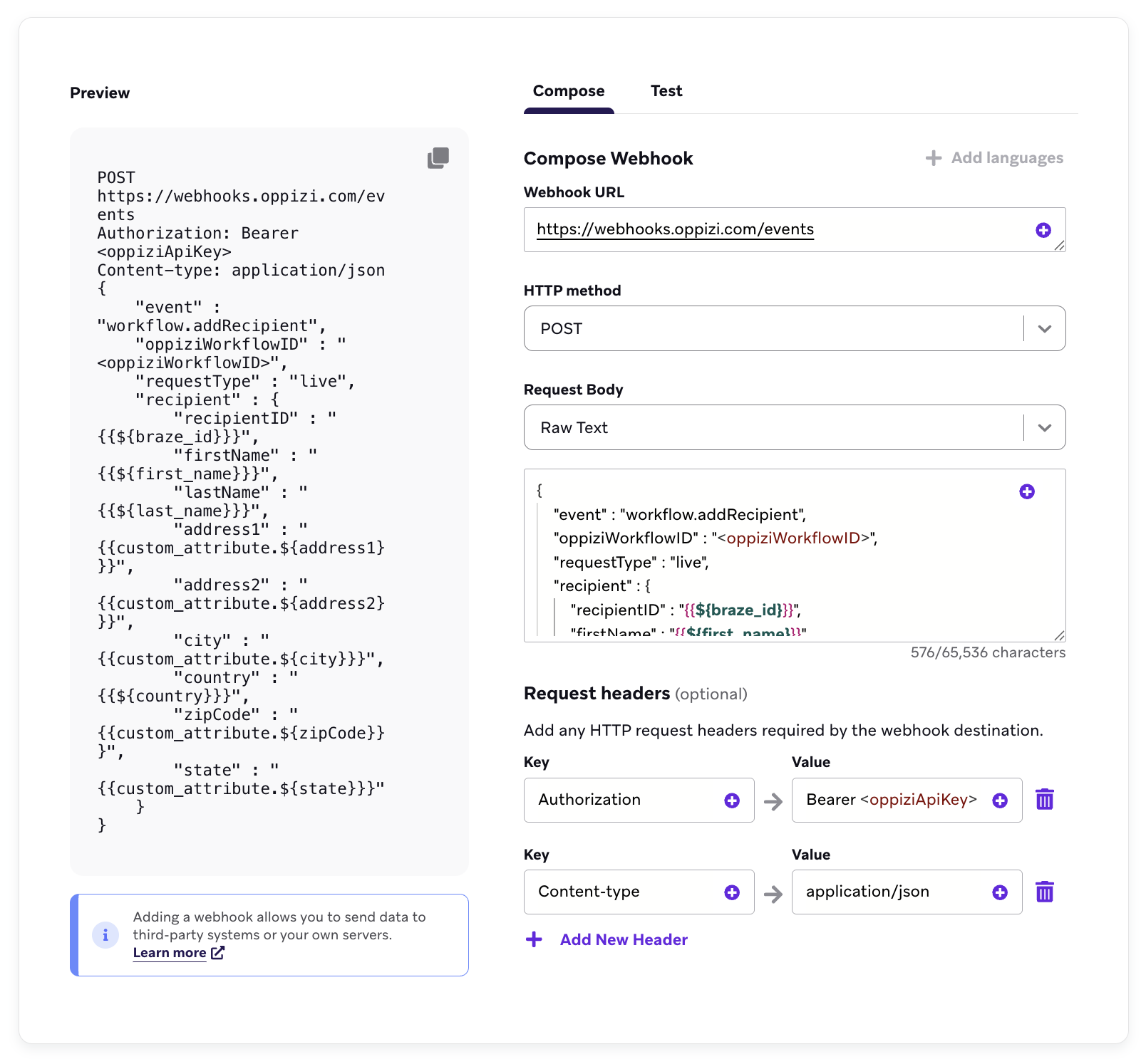Un exemple de modèle de webhook Oppizi dans Braze.