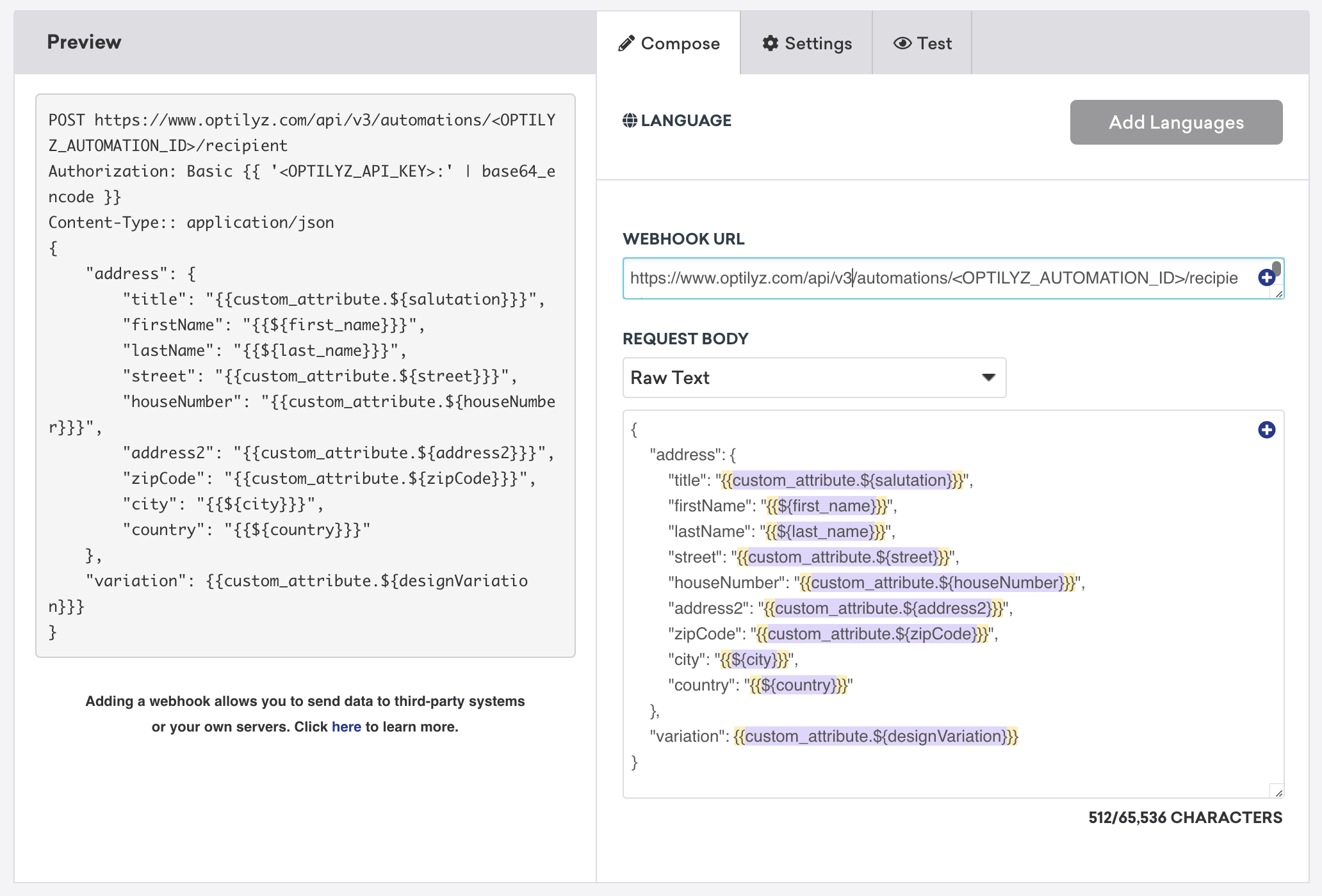 Une image du code du corps de la requête et de l'URL du webhook affichés dans l'onglet de composition du générateur de webhooks Braze.