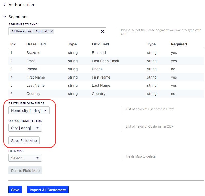 Optimizely Braze Segmenter Enregistrer les mappages de terrain