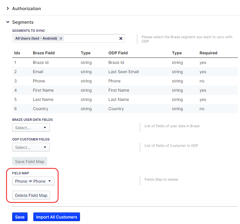 Optimizely Braze Segmenter Supprimer les mappages de champs