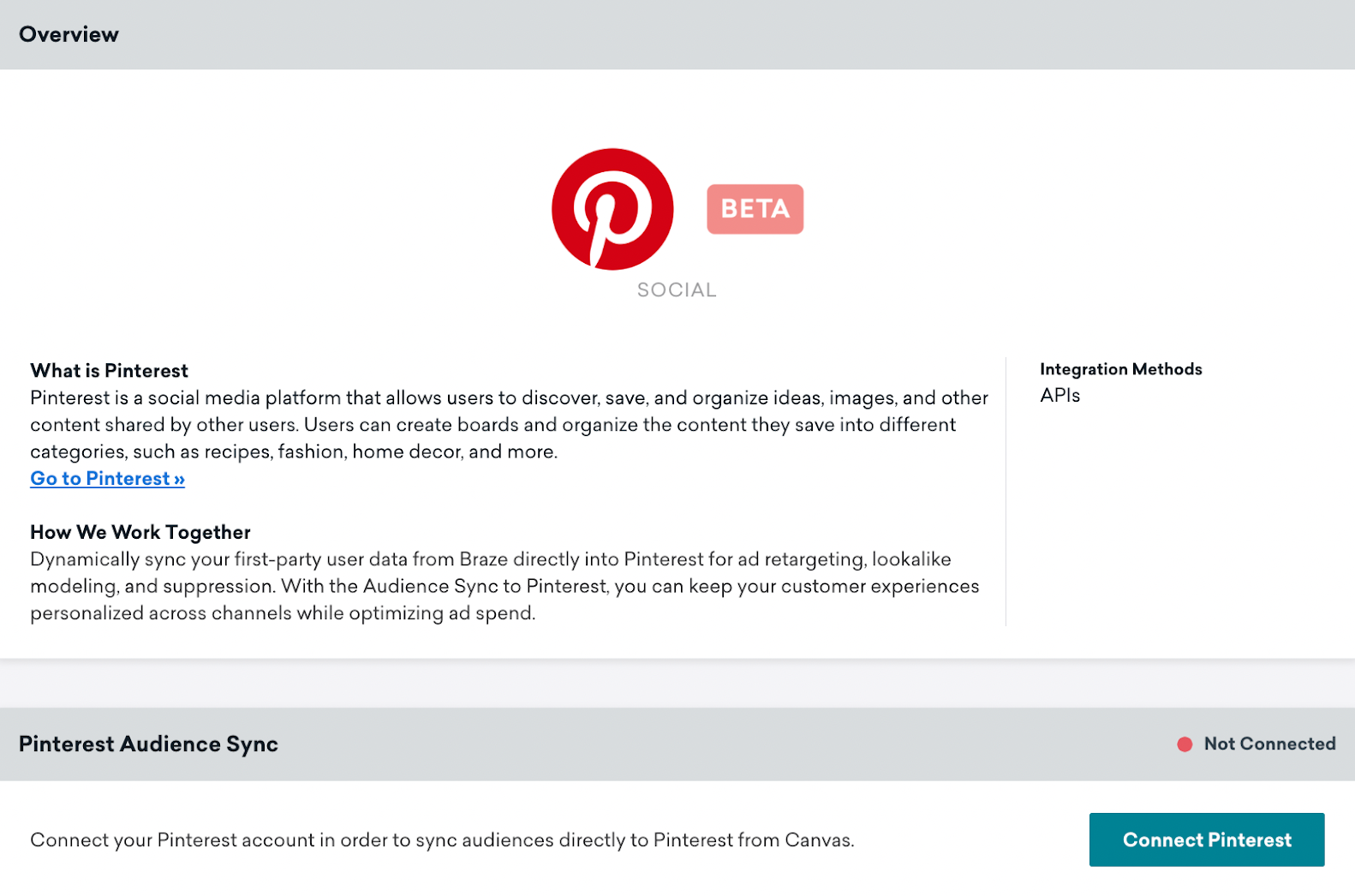 Page technologique Pinterest dans Braze qui comprend une section Aperçu et une section Pinterest Audience Sync avec le bouton Pinterest connecté.