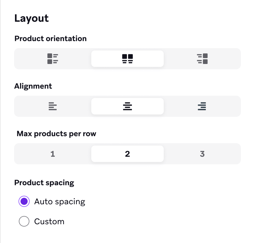 Options de mise en page pour l'orientation des produits, l'alignement, le nombre maximum de produits par ligne et l'espacement des produits.