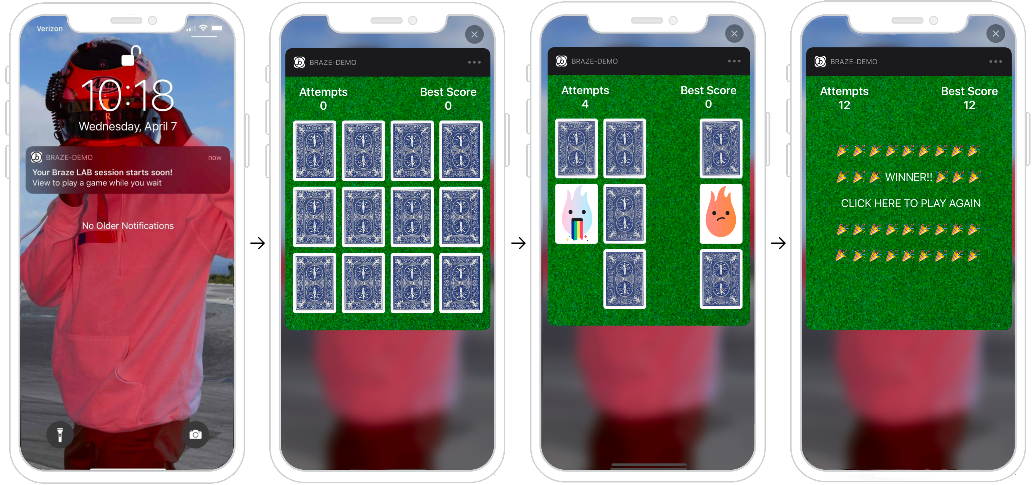 Un schéma de ce à quoi pourraient ressembler les phases d’une notification push interactive. Une séquence montre un utilisateur appuyant sur une notification push qui affiche un jeu d'association interactif.