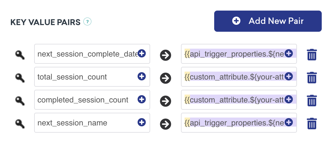 Quatre ensembles de paires clé-valeur, où "next_session_name" et "next_session_complete_date" sont définis en tant que propriété de déclencheur API à l'aide de Liquid, et "completed_session count" et "total_session_count" sont définis en tant qu'attribut utilisateur personnalisé à l'aide de Liquid.