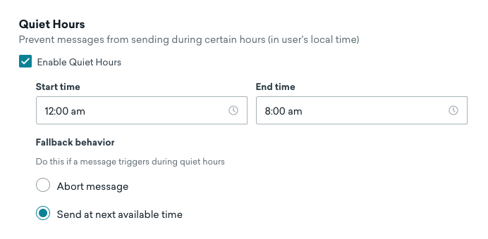 La page « Heures calmes » affichant une case à cocher pour activer les heures calmes. Si activé, l'heure de début, l'heure de fin et le comportement de repli peuvent être définis.