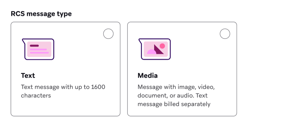 Options permettant de sélectionner un type de message texte ou média.
