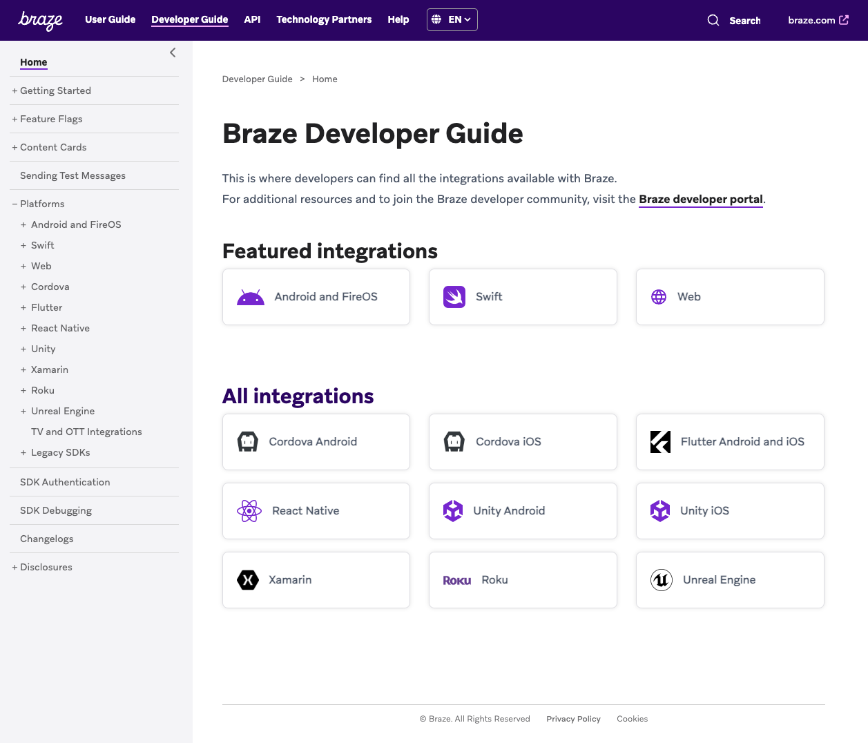 "La nouvelle navigation du guide du développeur de Braze"