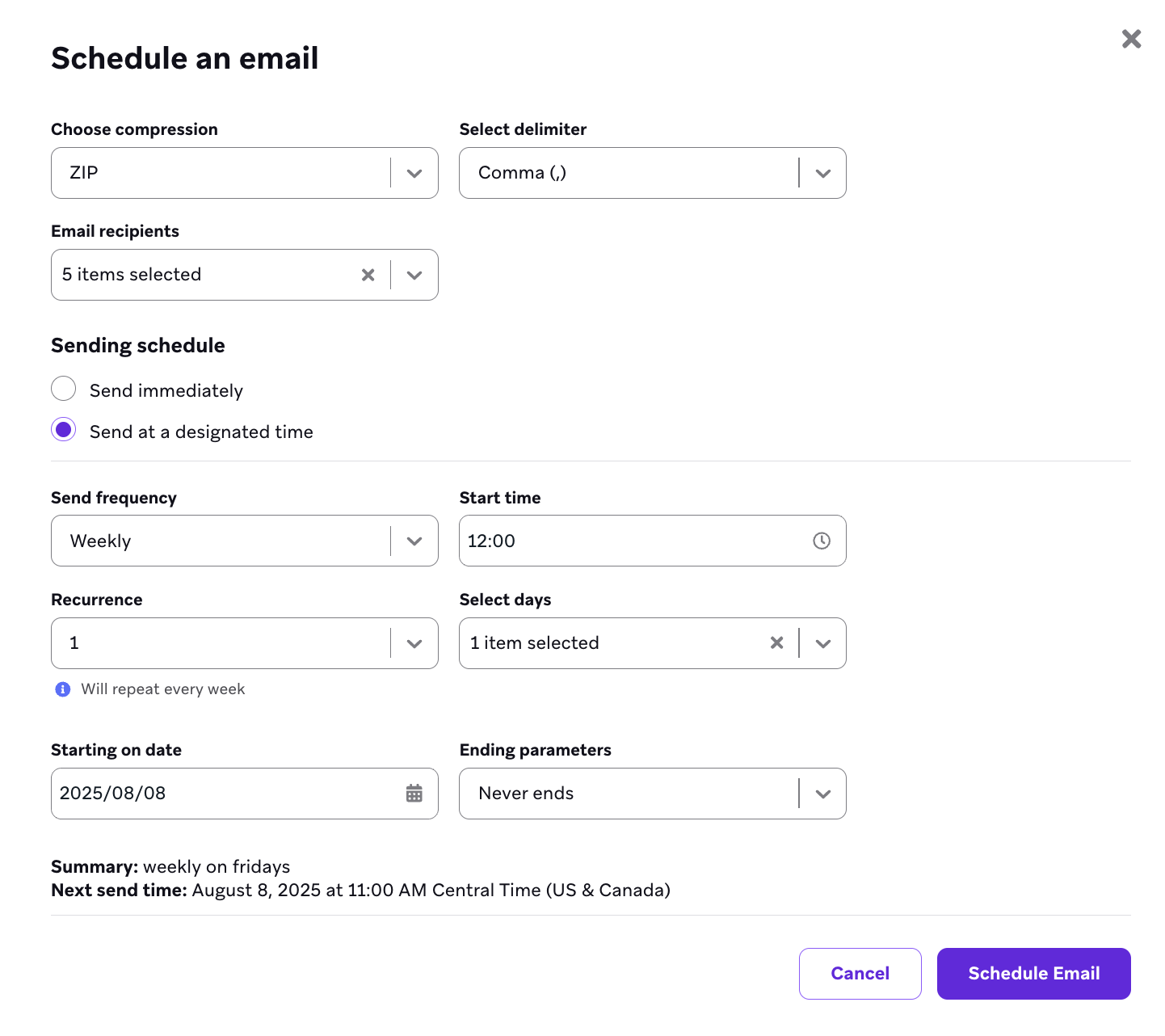 Fenêtre "Planifier un e-mail" avec des champs permettant de choisir le format du rapport, le destinataire et la date d'envoi.