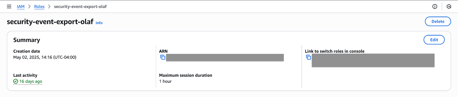 Page récapitulative d'un rôle appelé « security-event-export-olaf ».